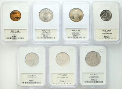 Polska. 20-100 złotych 1964-1990 i medal w slabach – 7 szt