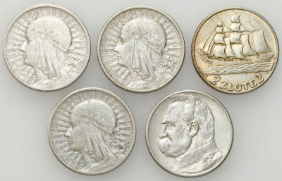 2 złote 1932-1936 Głowa Kobiety, Piłsudski, Żaglowiec, SREBRO – 5 szt