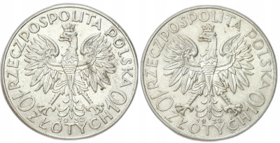 10 złotych 1932 głowa kobiety ze znakiem i bez - zestaw 2 sztuk – SREBRO