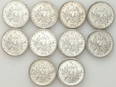 Francja. 5 franków 1960-1964 - zestaw 10 sztuk - SREBRO
