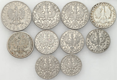 Od 10 gr do 1 zł 1923-1929 i 2 zł Głowa Kobiety, Żaglowiec, SREBRO – 10 szt