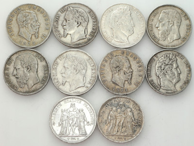Lot monet. 5 franków + 5 lirów różna data - zestaw 10 sztuk - SREBRO
