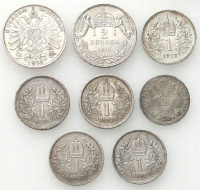 Austria, Węgry. 20 krajcarów, 1-2 korony 1869-1913, SREBRO – 8 sztuk
