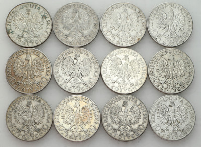 II RP. 10 złotych głowa kobiety 1932-1933 - zestaw 12 sztuk - SREBRO