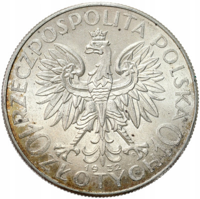 II RP. 10 złotych 1932 głowa kobiety (ze znakiem mennicy) – BARDZO ŁADNE