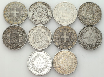 Lot monet. 5 franków + 5 lirów różna data - zestaw 10 sztuk - SREBRO