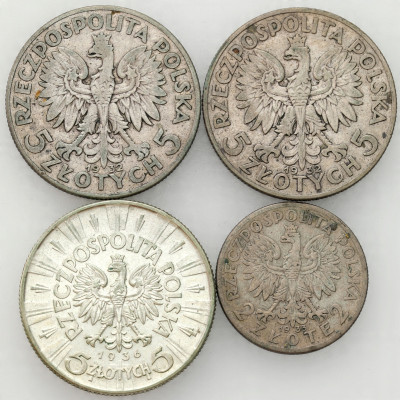 II RP. 2-5 złotych 1932-1936, Głowa Kobiety, Piłsudski, SREBRO – 4 szt