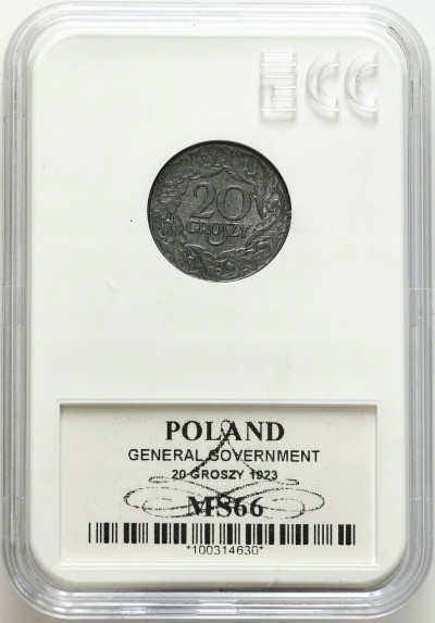 Generalna Gubernia, 20 groszy 1923 GCN MS66 - BARDZO ŁADNE