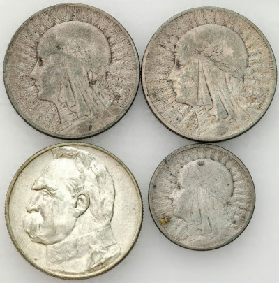 II RP. 2-5 złotych 1932-1936, Głowa Kobiety, Piłsudski, SREBRO – 4 szt