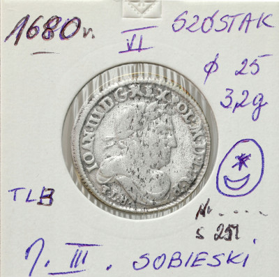 Jan III Sobieski. Szóstak (6 groszy) 1680 TLB, Bydgoszcz