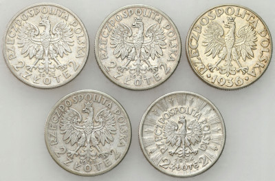 2 złote 1932-1936 Głowa Kobiety, Piłsudski, Żaglowiec, SREBRO – 5 szt