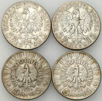 II RP. 5 złotych 1934-1936 głowa kobiety, zestaw 4 sztuk