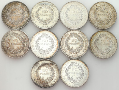 Francja. 50 franków 1974-1979 - zestaw 10 sztuk - SREBRO