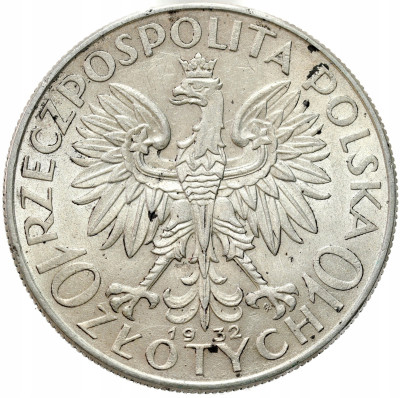 II RP. 10 złotych 1932 głowa kobiety (ze znakiem mennicy) – BARDZO ŁADNE