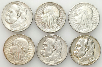 II RP. 5 złotych 1932-1936, Głowa Kobiety, Piłsudski, SREBRO – 6 szt