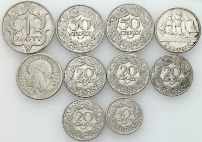 Od 10 gr do 1 zł 1923-1929 i 2 zł Głowa Kobiety, Żaglowiec, SREBRO – 10 szt