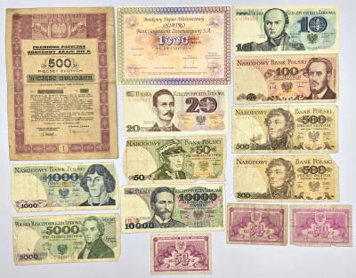 Banknoty, obligacja, zestaw 14 sztuk