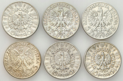 II RP. 5 złotych 1932-1936, Głowa Kobiety, Piłsudski, SREBRO – 6 szt