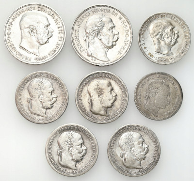 Austria, Węgry. 20 krajcarów, 1-2 korony 1869-1913, SREBRO – 8 sztuk