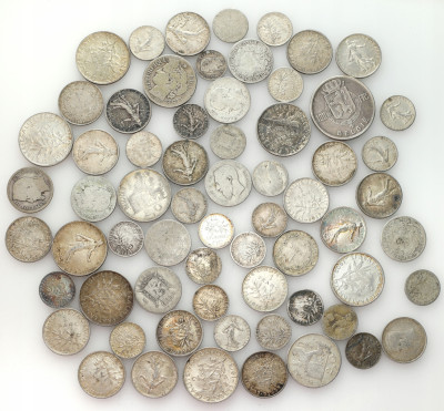 Lot monet XIX - XX wiek. Francja i Belgia - zestaw 64 sztuk - SREBRO