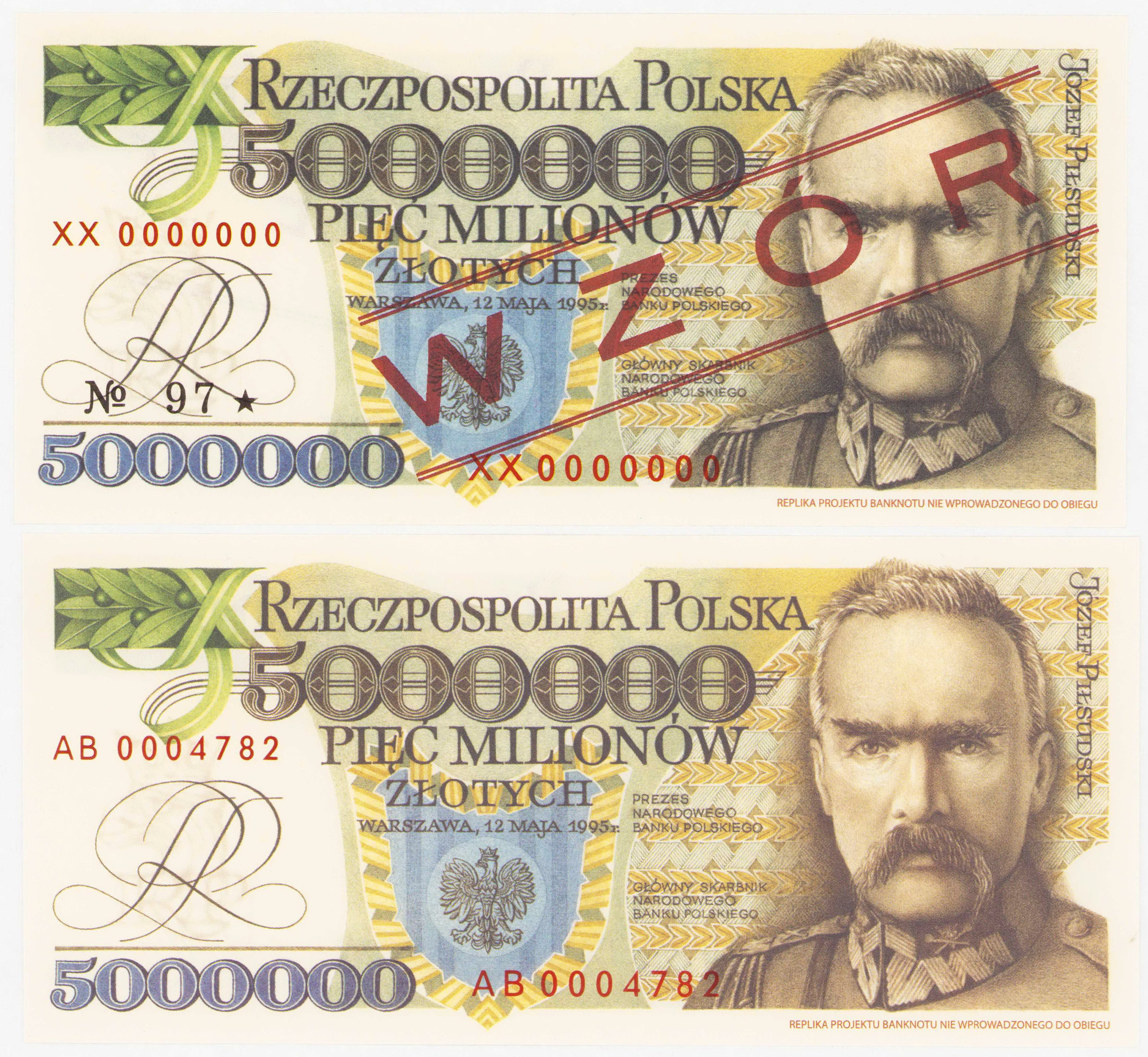5.000.000 złotych 1995,Józef Piłsudski - REPLIKA PROJEKTU i REPLIKA WZORU