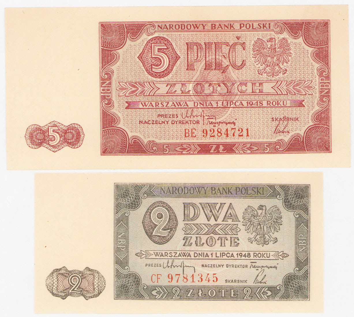 2 złote 1948 seria CF i 5 złotych 1948 seria BE - RZADSZE