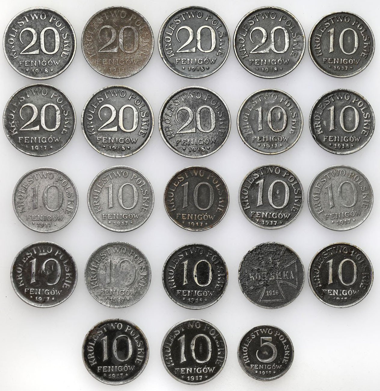 Królestwo Polskie. 1, 5, 10, 20 fenigów 1917-1918, zestaw 23 monet