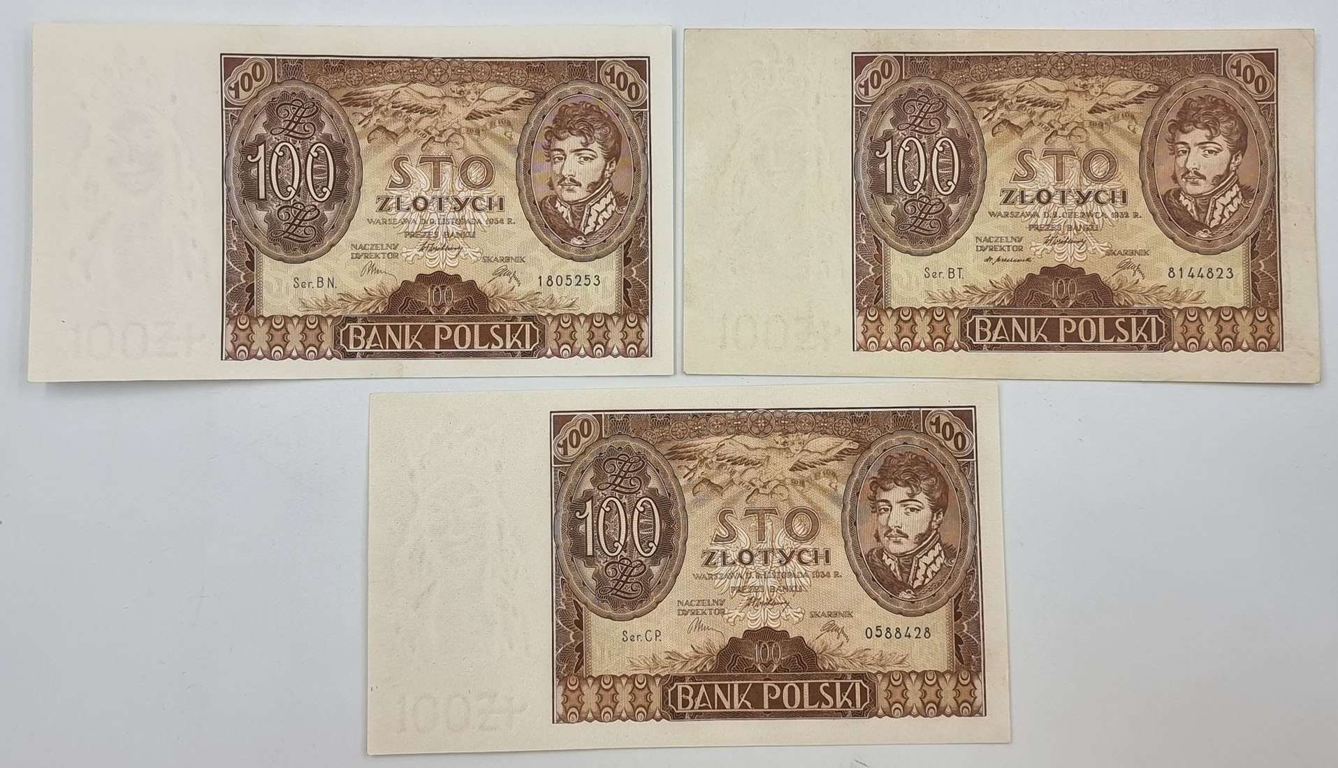 100 złotych 1932 seria BT i 100 złotych 1934 seria BN i CP, zestaw 3 banknotów