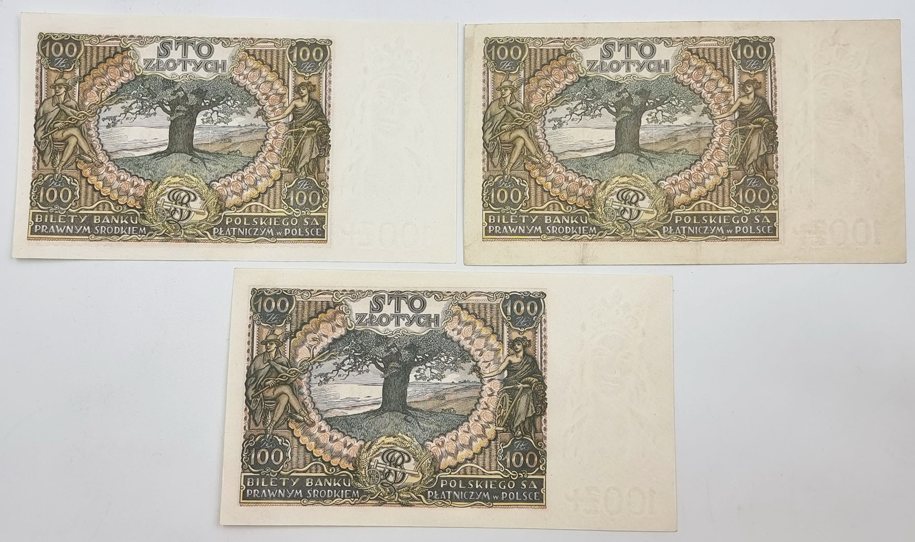 100 złotych 1932 seria BT i 100 złotych 1934 seria BN i CP, zestaw 3 banknotów