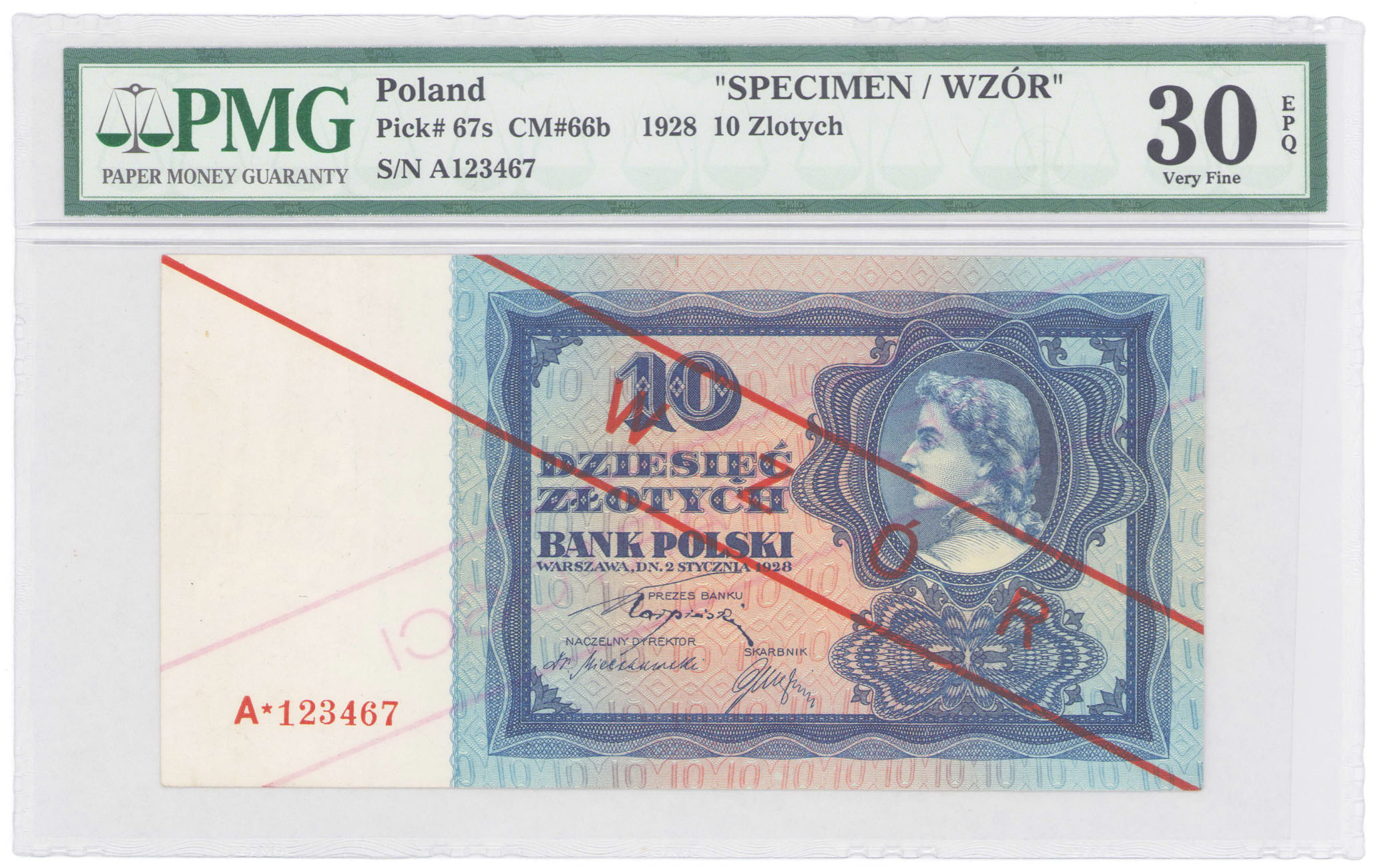 WZÓR / SPECIMEN 10 złotych 1928 seria A, PMG 30 EPQ - RZADKOŚĆ R6