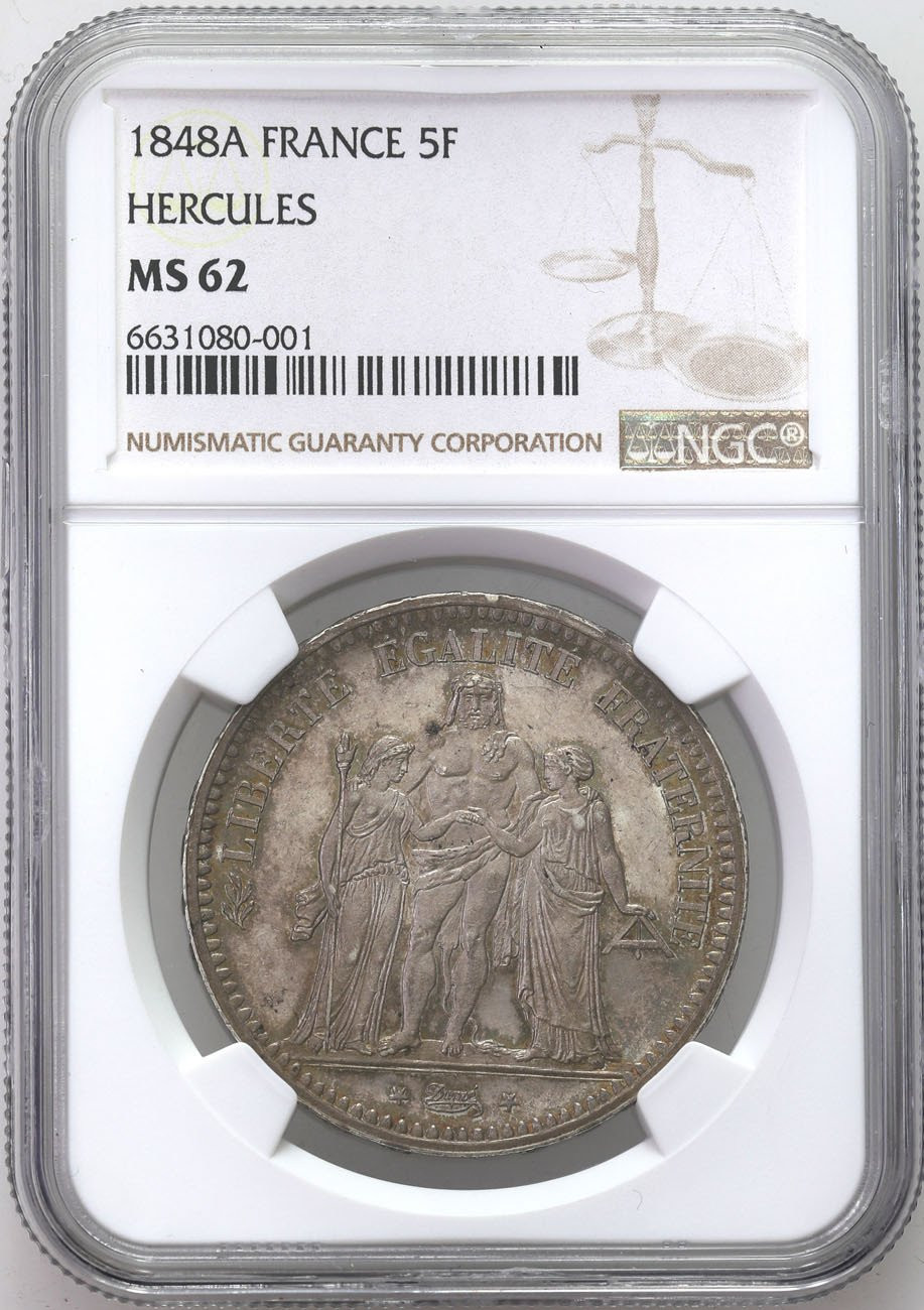 Francja. 5 franków 1848 A, Paryż NGC MS62 - PIĘKNE 