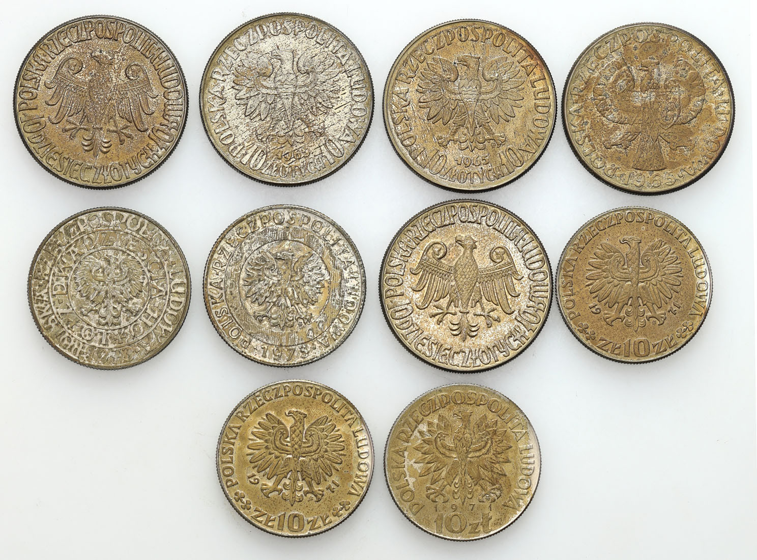 PRL. PRÓBA miedzionikiel 10-20 złotych 1964-1973, zestaw 10 monet