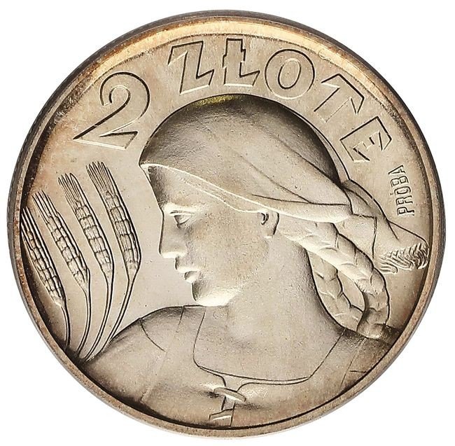 II RP. 2 złote 1927, głowa kobiety, PRÓBA, srebro, stempel lustrzany