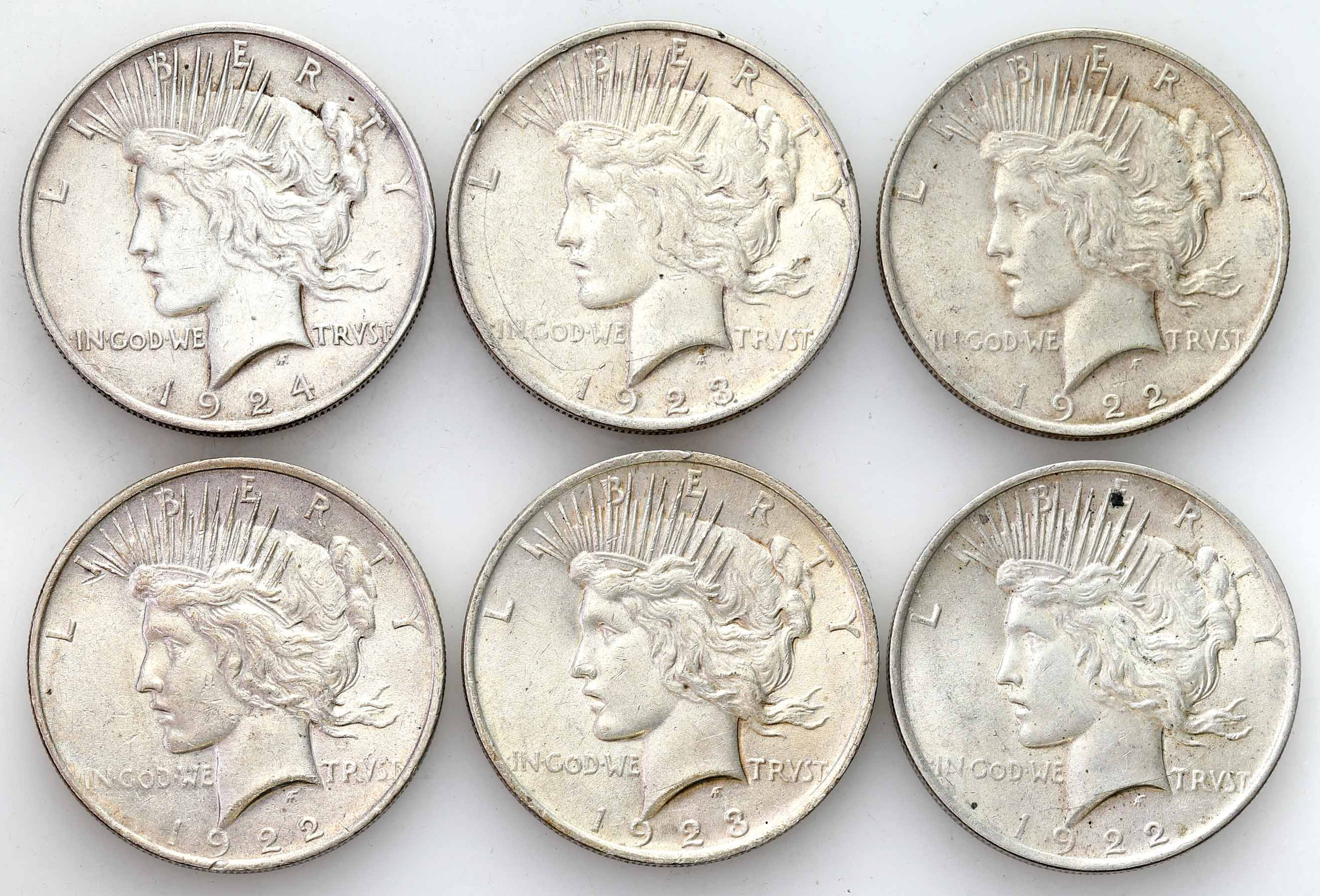 USA. Dolar 1922 - 1924, zestaw 6 sztuk
