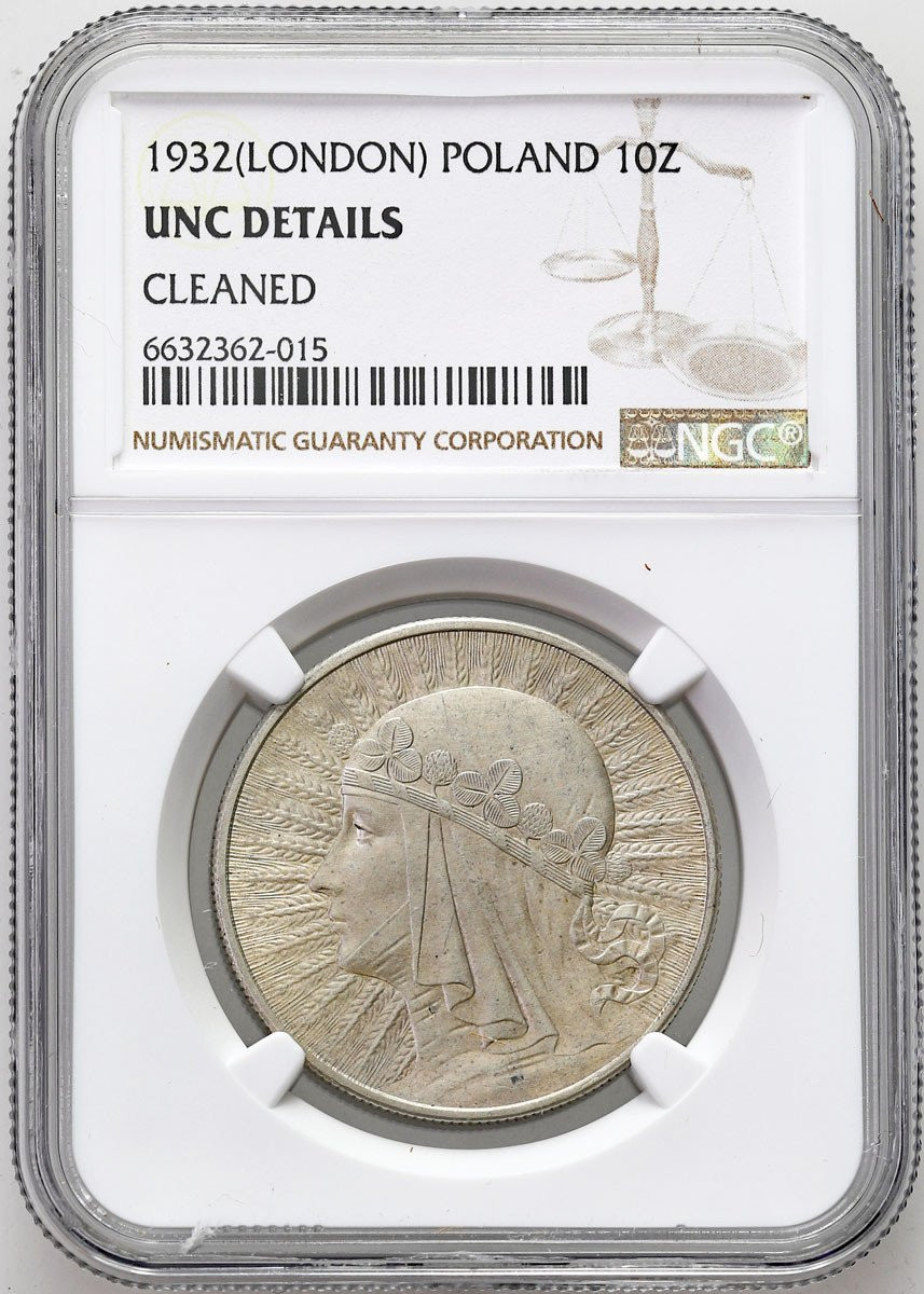 II RP. 10 złotych 1932 głowa kobiety (bez znaku), Londyn NGC UNC