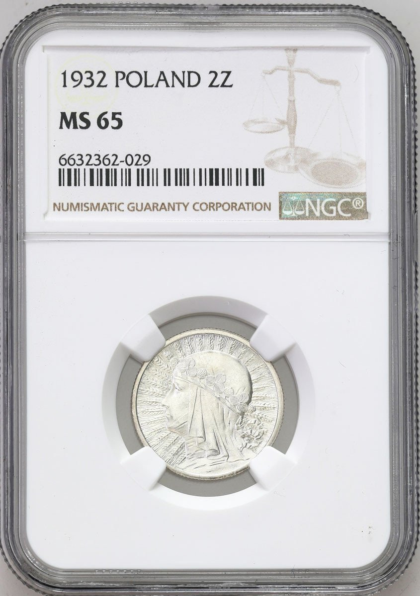 II RP. 2 złote 1932 głowa kobiety NGC MS65 (2 MAX) - WYŚMIENITE