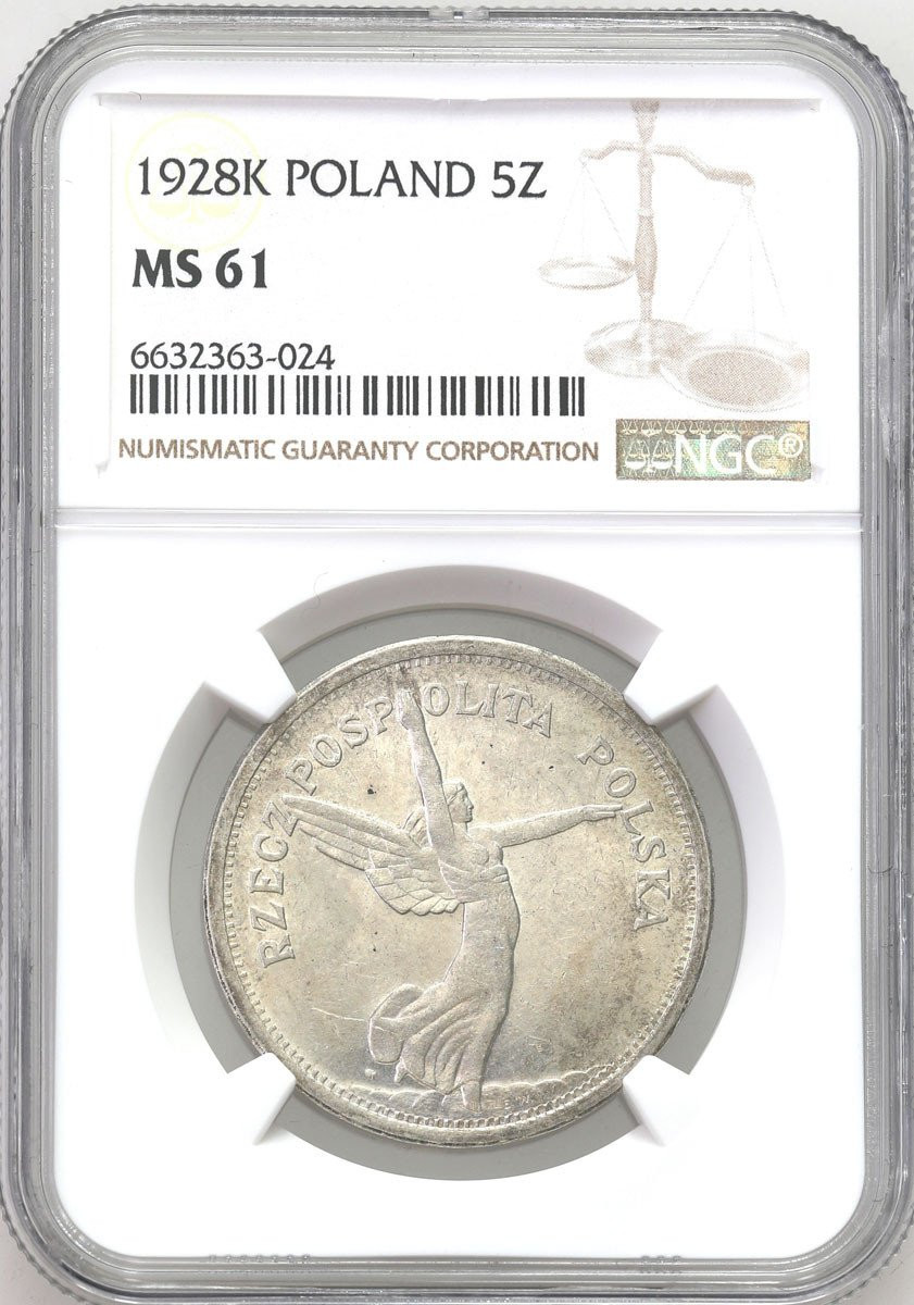 II RP. 5 złotych 1928 Nike (ze znakiem) NGC MS61 - PIĘKNA