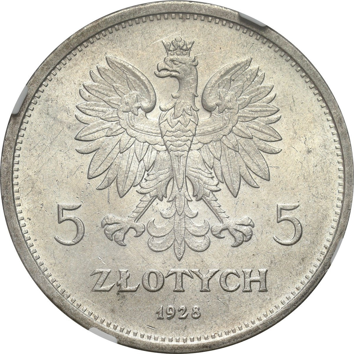 II RP. 5 złotych 1928 Nike (ze znakiem) NGC MS61 - PIĘKNA