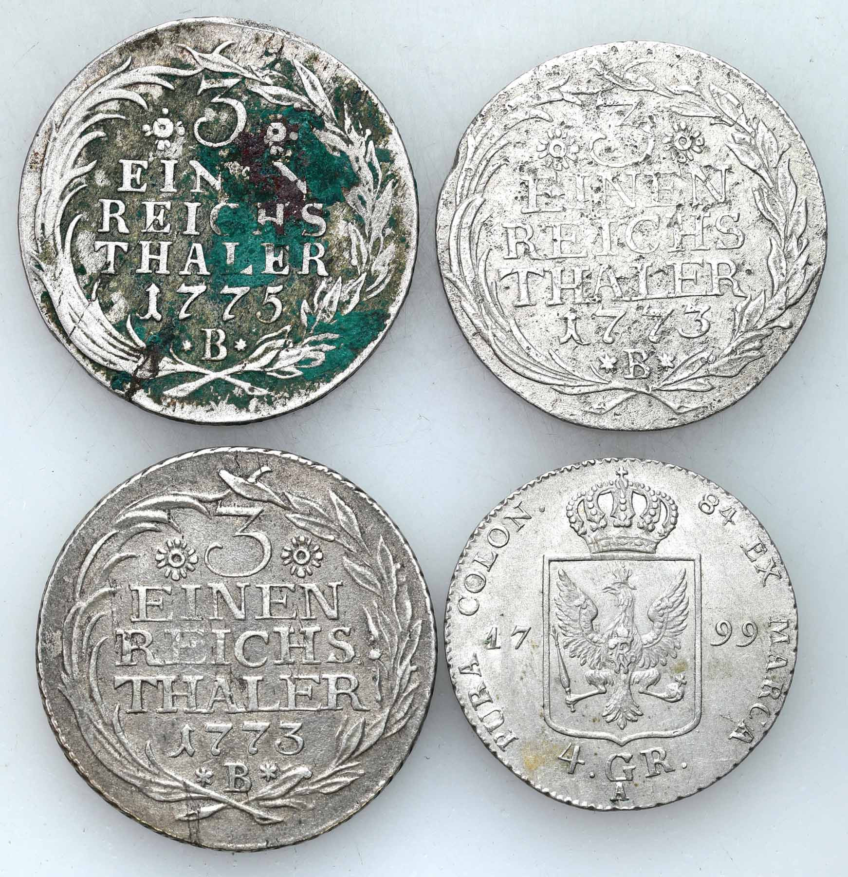 Niemcy, Prusy. Fryderyk Wilhelm III (1797–1840). 4 grosze 1799 A, Berlin i 1/3 talara 1773 B, 1775 B, Wrocław, zestaw 4 monet