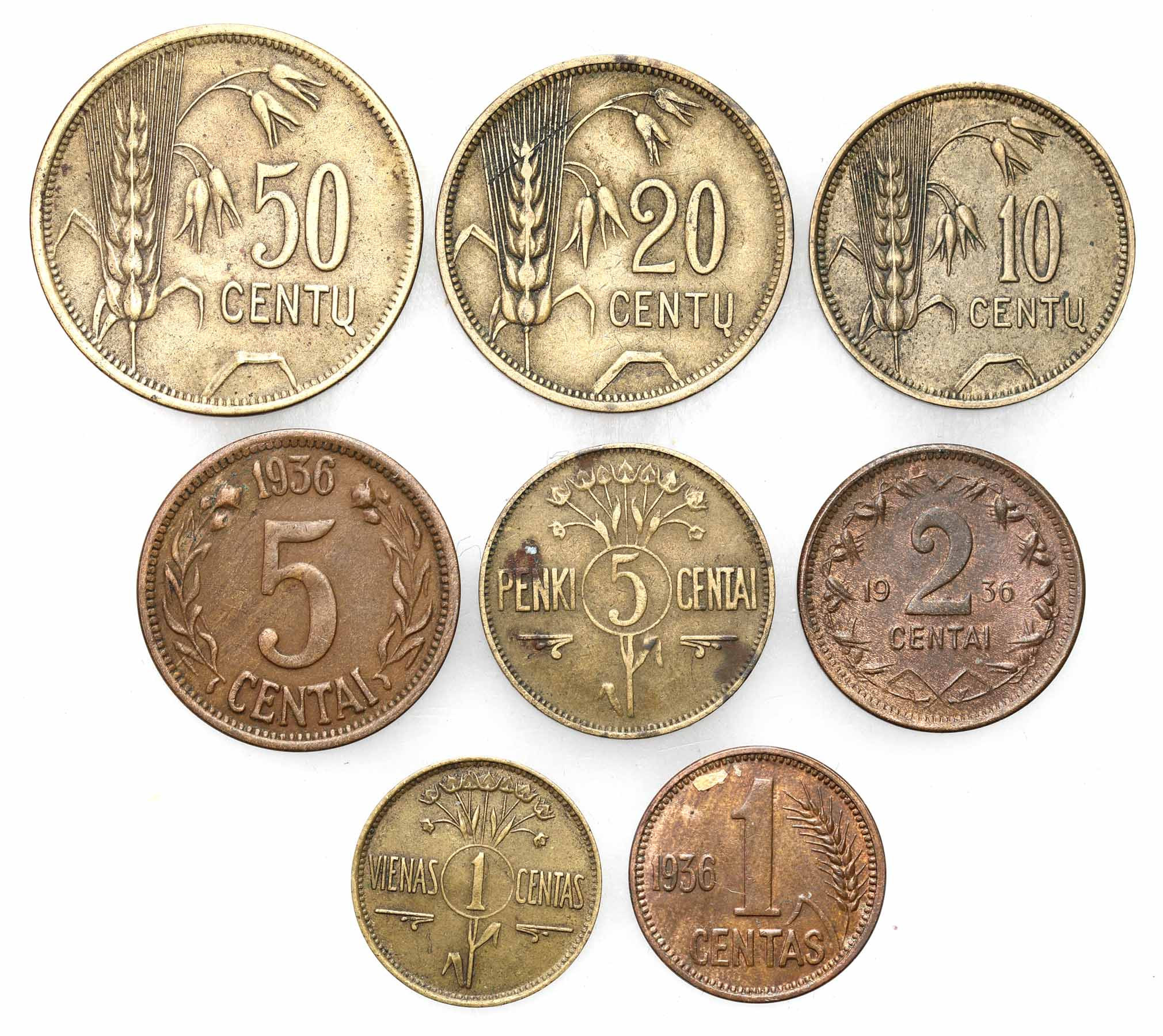 Litwa. 1 centas do 50 centu 1925-1936, zestaw 8 monet