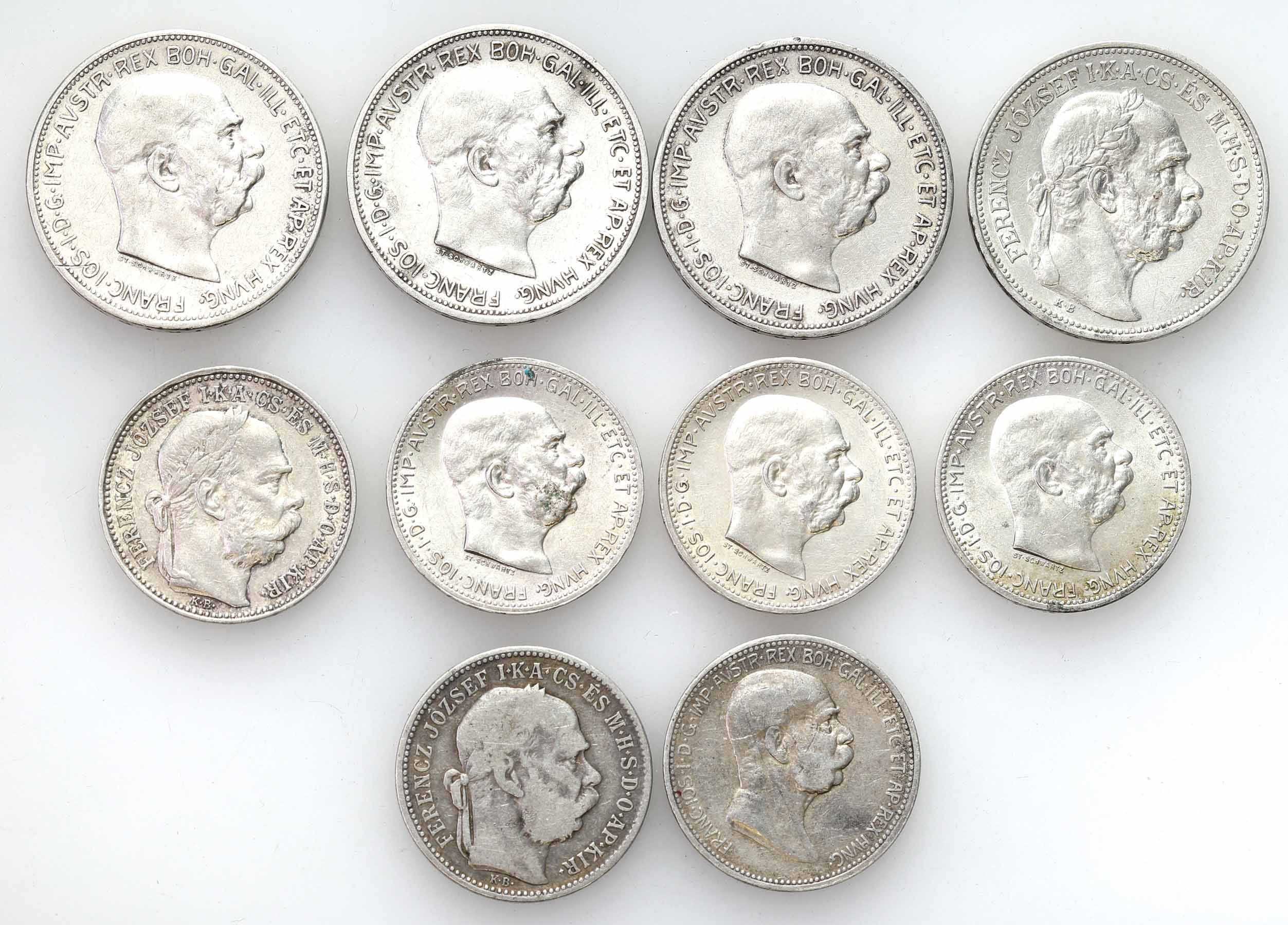 Austria, Węgry, Franciszek Józef I (1848-1916). 1 - 2 korony 1893 - 1914, zestaw 10 monet