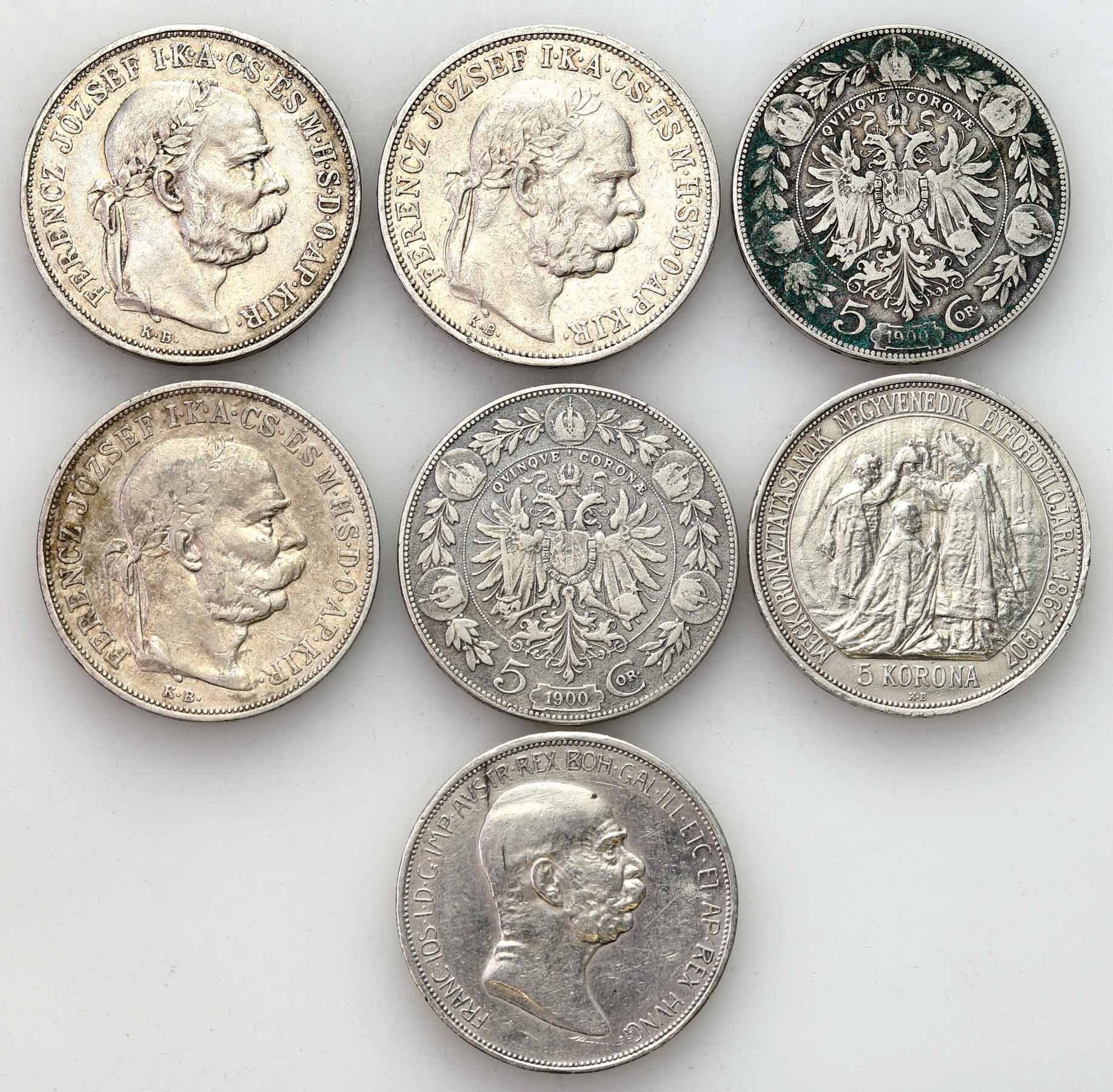 Austria, Węgry. Franciszek Józef I. 5 Koron 1900-1908, zestaw 7 monet