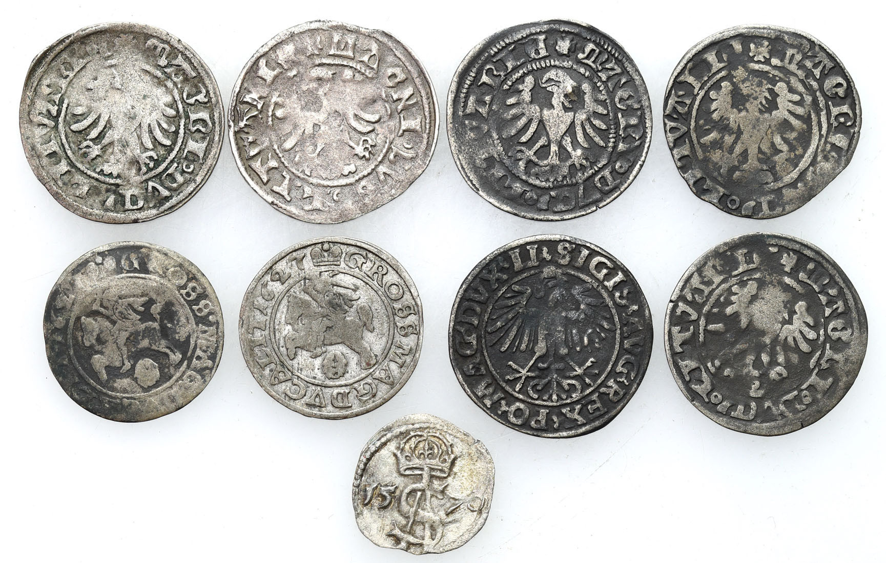 Aleksander Jagiellończyk, Zygmunt II August,  Zygmunt III Waza. Półgrosz, dwudenar, grosz, Wilno, zestaw 9 monet