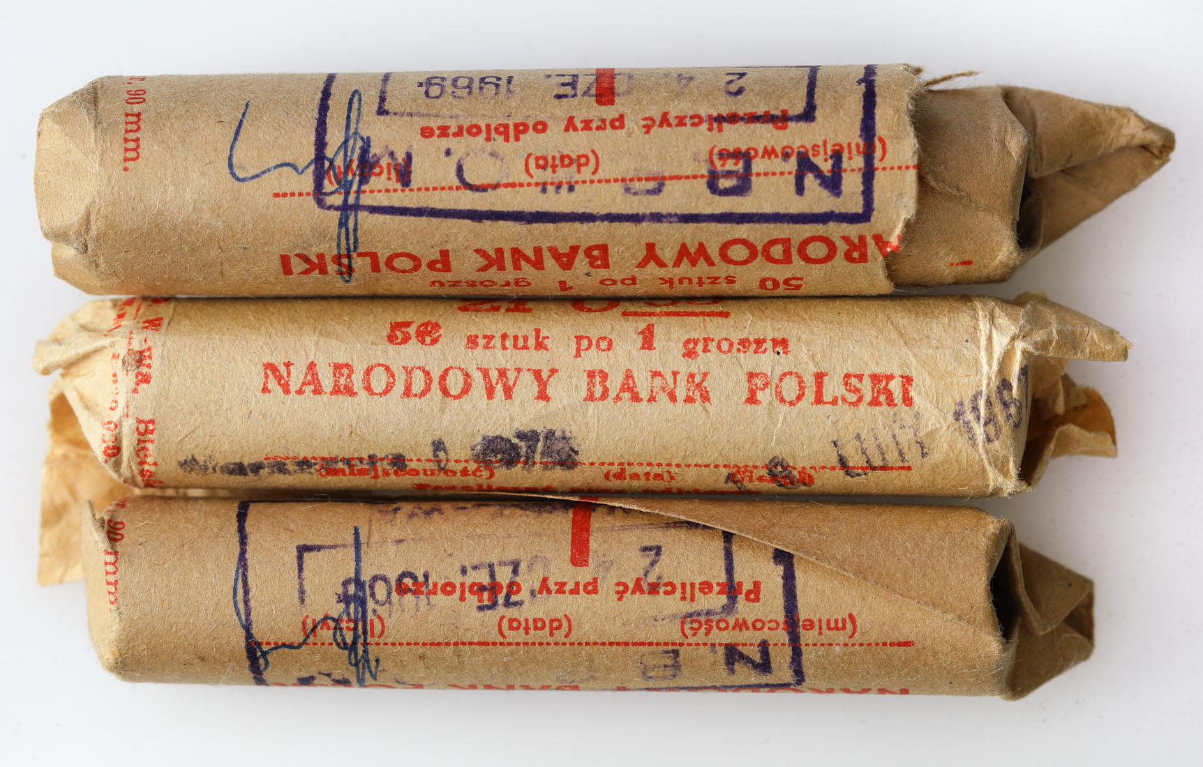 PRL. 1 grosz 1949 rulon bankowy, 3 sztuki