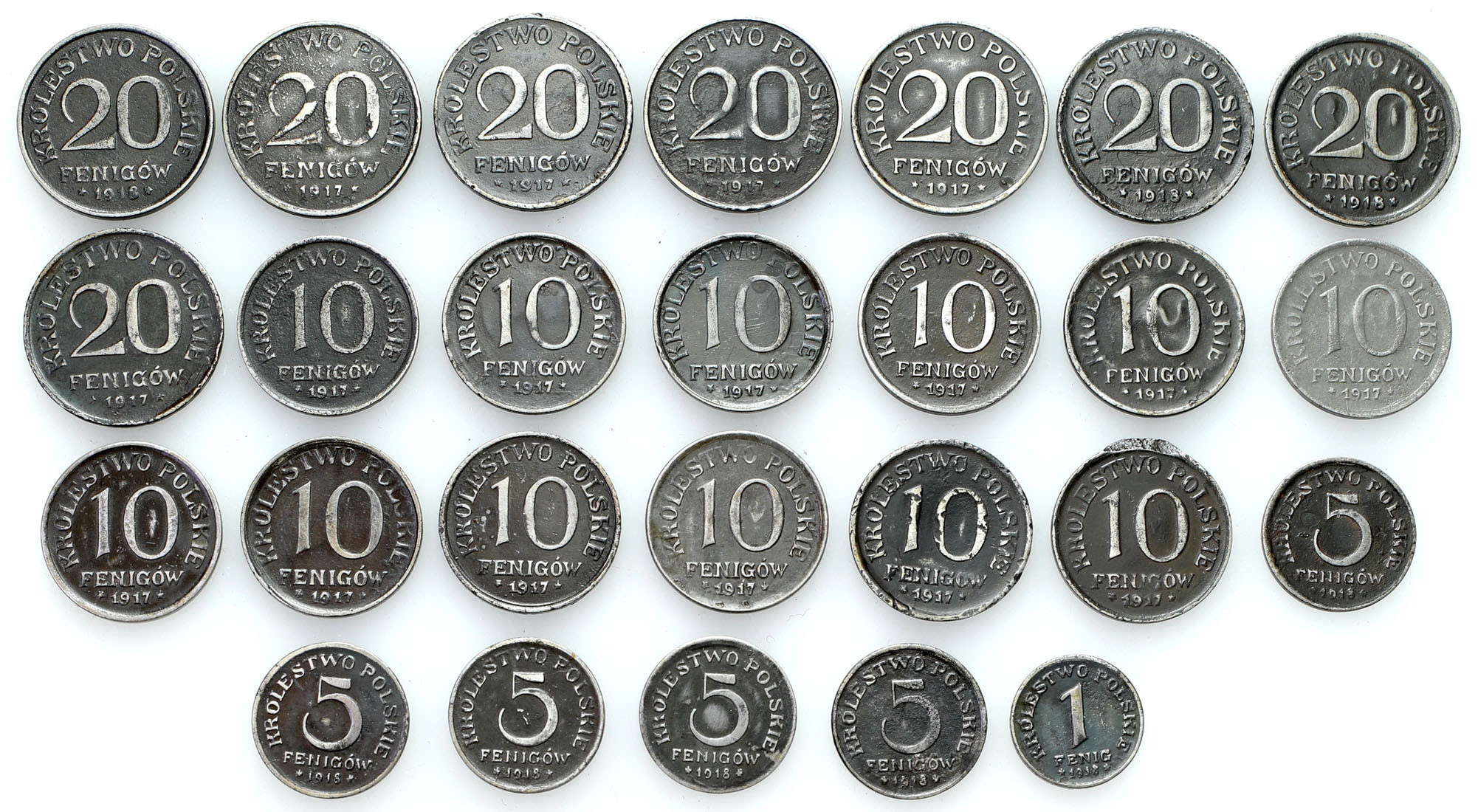 Królestwo Polskie. 1, 5, 10, 20 fenigów 1917-1918, zestaw 26 monet