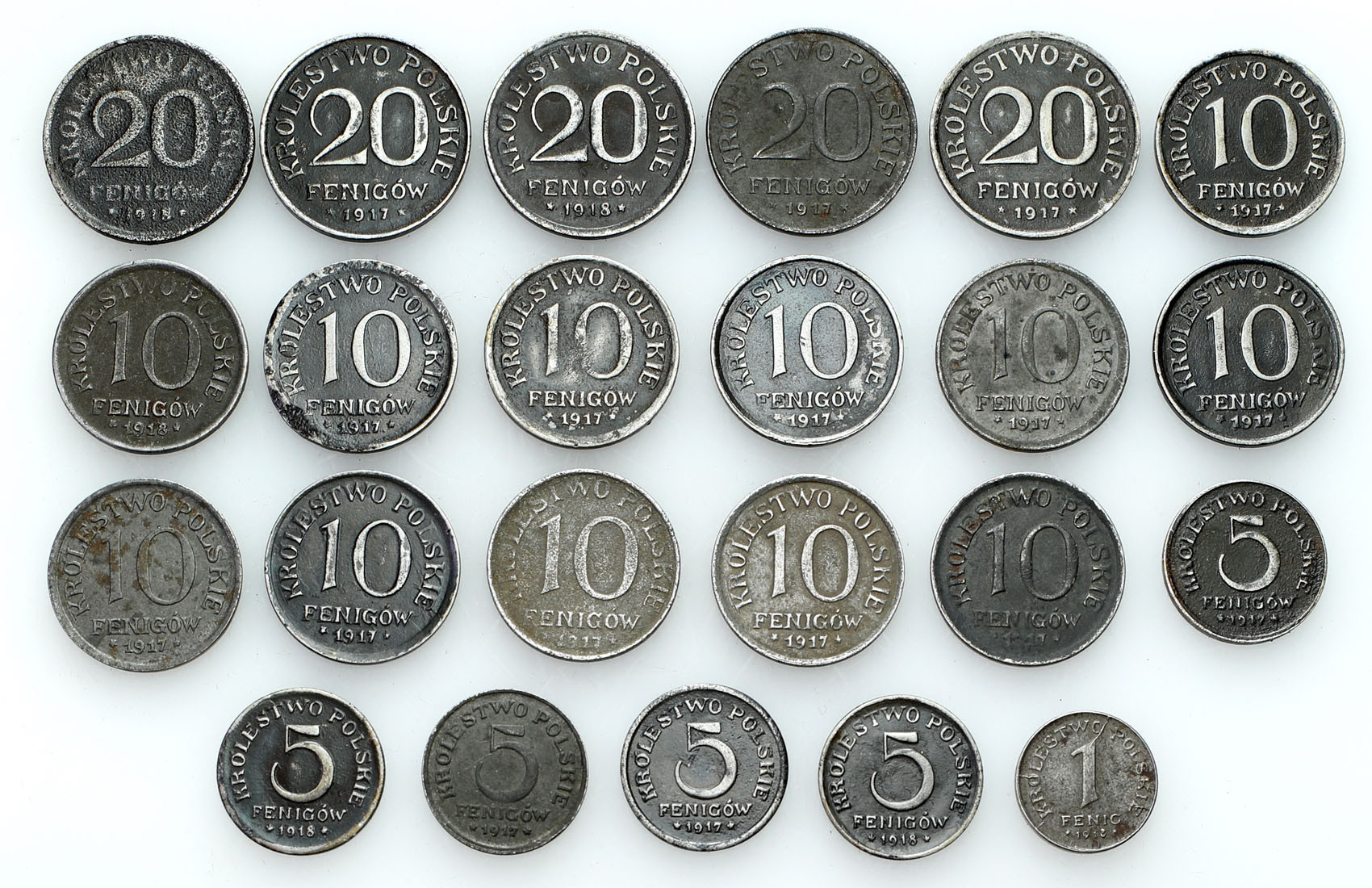 Królestwo Polskie. 1, 5, 10, 20 fenigów 1917-1918, zestaw 23 monet
