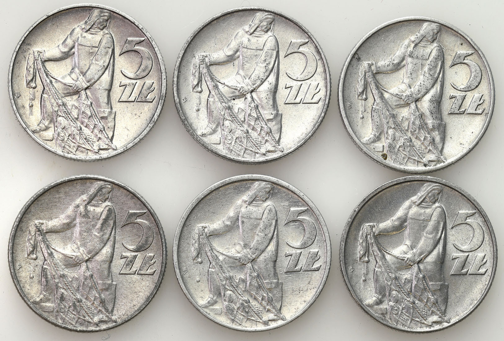 PRL. 5 złotych 1958-1974 Rybak, zestaw 6 monet