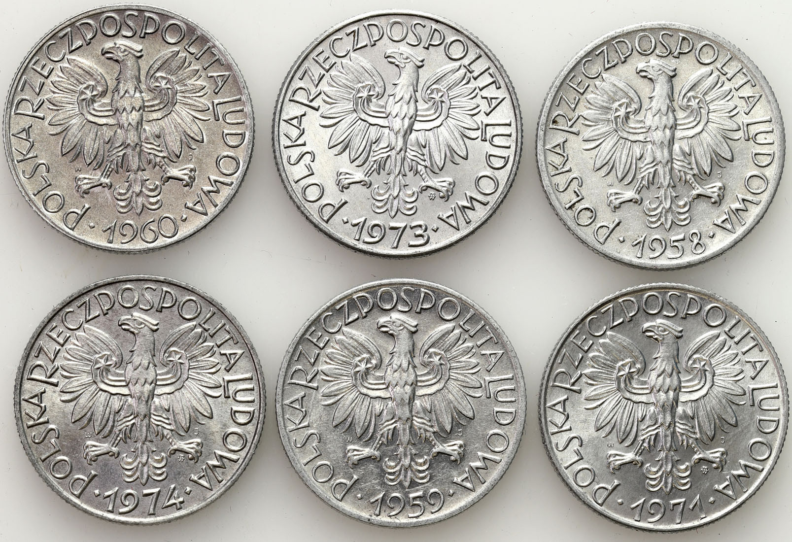 PRL. 5 złotych 1958-1974 Rybak, zestaw 6 monet