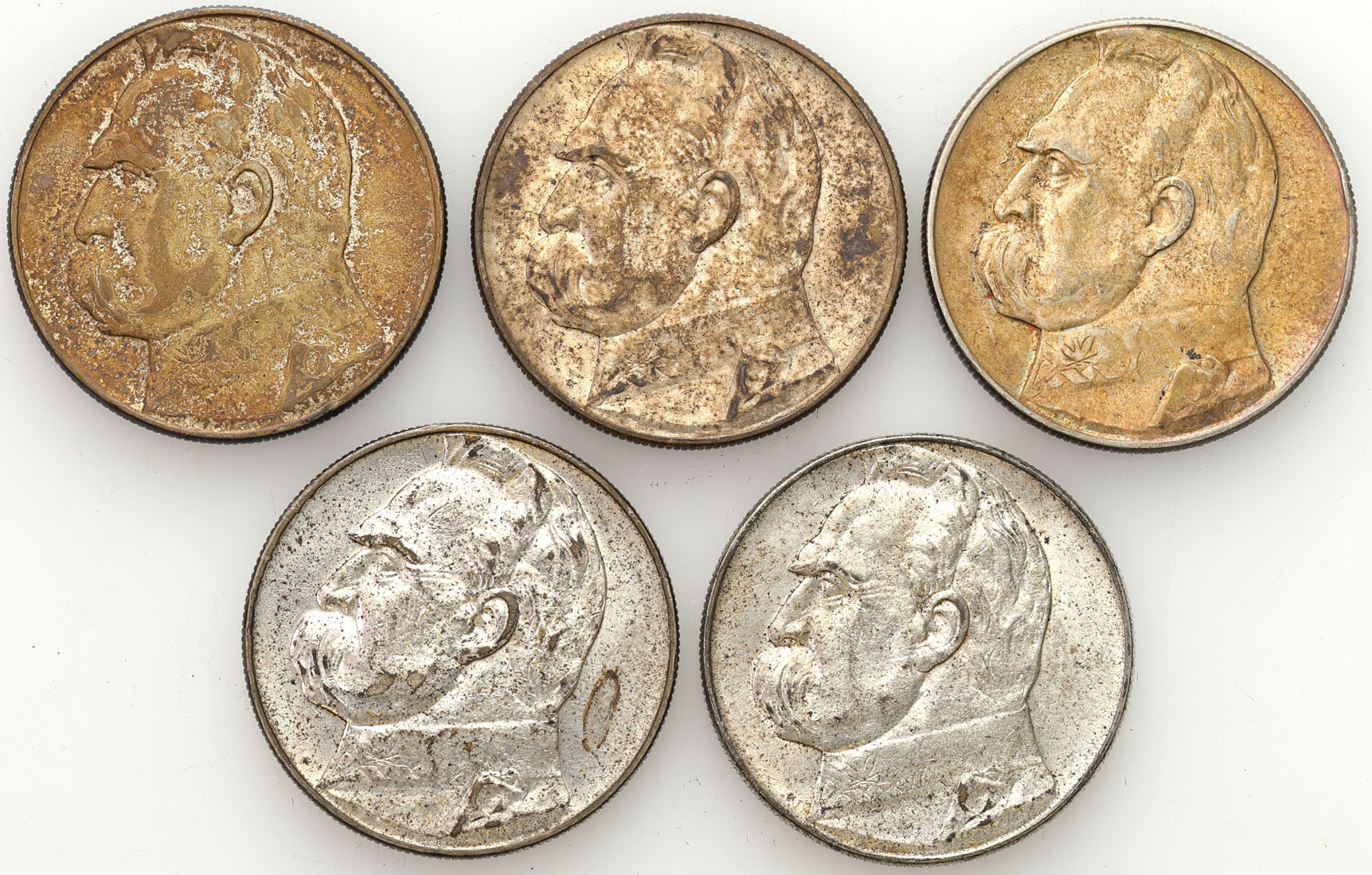 II RP. 10 złotych 1935-1937 Piłsudski, zestaw 5 monet