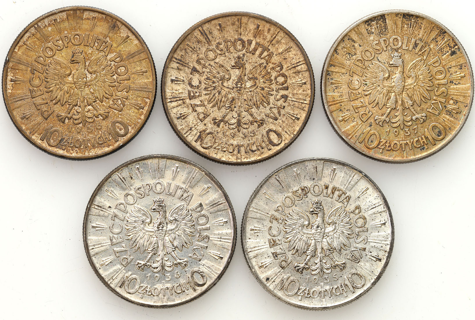II RP. 10 złotych 1935-1937 Piłsudski, zestaw 5 monet